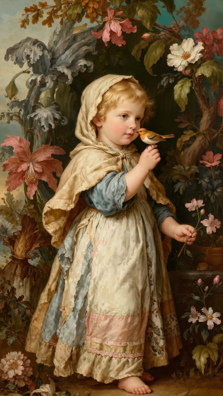 ultra-detailed classical oil painting, fine art fantasy illustration, fairytale aestheticsubject: small child (toddler age), delicate proportions, soft rounded face, pale porcelain skin, innocent expressionpose: standing slightly turned to the side,one hand gently holding a small bird perched on fingers,other hand holding a flower,calm still posture, no pose changeface: cherubic features, soft cheeks, small lips, wide gentle eyes,subtle expression, quiet curiosity, not smiling broadlyhair: soft light blonde curls, slightly tousledoutfit: vintage hooded cloak and long flowing dress,muted pastel fabric (cream, pale blue, soft beige),highly detailed textile folds, soft layered fabric, intricate stitchingdetails: small bird with warm orange tones,delicate flowers in hand,ornamental natural elements surrounding (plants, blossoms, organic shapes),extremely rich fine details in clothing and environmentenvironment: surreal fantasy garden,dense organic forms, sculptural plants, dreamlike botanical structures,depth-rich composition with layered foreground and backgroundlighting: soft diffused painterly lighting,gentle glow, subtle highlights, smooth shadow transitions,no harsh contrastcolor tone: muted earthy palette,dominant tones: beige, cream, soft blue, warm orange accents,low saturation, harmonious color blendingstyle: classical oil painting, baroque / renaissance influence,painterly brushwork, ultra-detailed, museum-quality fine art,not photorealistic, not anime, not modern digital stylecomposition: centered subject, full-body portrait,rich foreground elements framing the subjecttexture: visible brush strokes, canvas-like texture, layered paint depthconstraints:no modern elements, no bright colors, no cartoon style,no photorealism, no simplification, no pose change--ar 2:3 --quality 2 --style raw