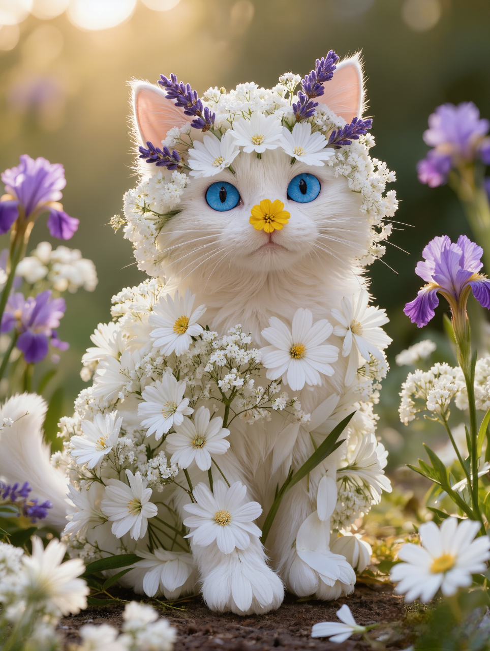 White cat made entirely out of flowers