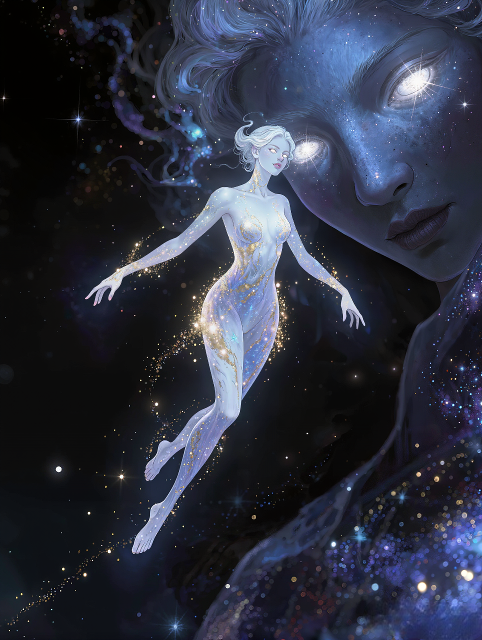 A mystical cosmic being in a humanoid female shape, entirely composed of swirling golden stardust and glowing blue nebulas. She floats gracefully in the void of space. Her movements are fluid and dreamlike, leaving a trail of sparkling particles behind her. Her eyes are bright white stars. Close-up shot transitioning to a medium shot, ethereal and divine atmosphere, particles shimmering in 8k, soft pulsating cosmic hum.