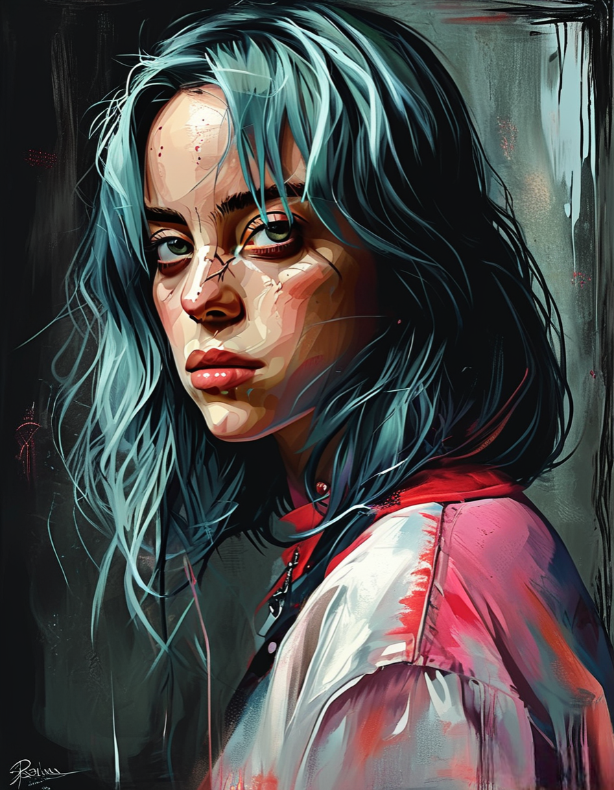 Billie Eilish illustration drawn by Ruben Ireland in the style of Glen Keane. Ireland is a contemporary illustrator known for his distinctive style that blends digital techniques with traditional influences. His work often features dark, surreal themes and is recognized for its bold, minimalist approach. Ireland's illustrations typically explore themes of fantasy and mystery, often focusing on enigmatic female figures. Ruben Ireland's style is characterized by its use of monochrome palettes with striking accent colors, creating a dramatic visual impact. The compositions are often centered around close-up portraits, emphasizing stylized facial features and expressive eyes. The use of clean lines and smooth gradients gives the artwork a polished, vector-like appearance, while the incorporation of gothic and fantasy elements adds a layer of intrigue and depth. The overall mood is intense and moody, with a focus on creating a mysterious and enigmatic atmosphere.