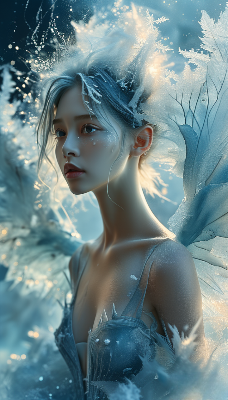 A celestial ice-nebula angel rendered in Xin’s signature abstract style. Her form is not fully human—her skin has a semi-translucent, frosted-glass texture with subtle glow beneath the surface, like light trapped inside ice. She radiates ethereal presence.Her wings are shaped from crystalline ice shards, sharp yet elegant—glacier-blue feathers made of refracted light, shimmering with nebula sparkles and soft drifting frost. The wings look half-angelic and half-astral, glowing softly with icy mist.Her hair flows like liquid stardust, tinted with pale blue and white reflections, moving gently as if underwater. Her eyes shine softly with celestial luminescence.The background is a deep indigo void infused with frozen-nebula clouds—glittering particles, soft light beams, and swirling icy blue dust. The entire artwork blends abstract frost textures, nebula light patterns, and crystalline details, creating a breathtaking, cold, divine, and dreamlike atmosphere.High detail, ultra-ethereal, soft glow edges, shimmering frost particles, pure fantasy elegance.— Artwork by Xin”