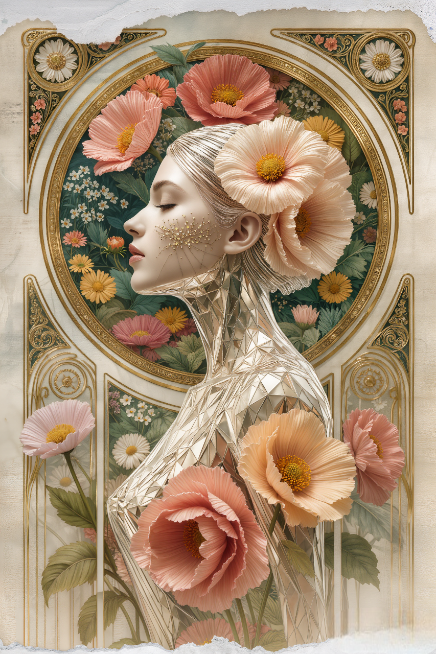 Ethereal double exposure portrait, explosive art fusion masterpiece blending Alphonse Mucha flowing Art Nouveau elegance ::1.2, Erté glamorous Art Deco symmetry and gold ::1.1, traditional Japanese ukiyo-e delicate flat patterns, Georgia O’Keeffe oversized sensual blooming flowers, Leonid Afremov thick vibrant palette knife impasto, Salvador Dalí surreal melting dreamlike forms, James Jean intricate whimsical fine linework, Loish soft ethereal painterly glow, layered translucent watercolor washes bleeding softly, sharp polygon geometry crystalline facets overlaying skin and petals ::1.2, transparent silhouette merge figure dissolving into blooming botanical surreal dreamscape, multiple exposure layered transparencies, emotional whimsical ever-shifting atmosphere, rich vibrant dreamy colors with glowing highlights, subtle torn paper collage edges, risograph grain texture, golden ornate Art Deco frame borders, ultra detailed 8k, cinematic soft lighting, magical introspective mood.Watercolor