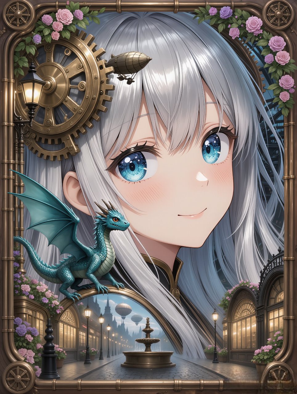 Anime girl with serene smile, close-up, Dutch angle, art nouveau style, steampunk meets gothic, lush botanical details. Cute dragon on shoulder. Steampunk street with gears, pipes, clocks, lanterns, airships, cobblestones, fountains, flower pots, blooming flowers entwined with metalwork. Soft atmospheric lighting, whimsical, dreamy, detailed textures, harmonious colors, cinematic composition. Clear reflection in her eyes showing magical street and flora. Highly detailed fantasy scene.Steampunk