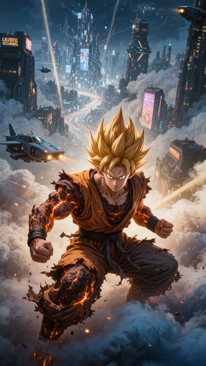 Ultra-photorealistic, life-like, extreme absurdres, high resolution, ultra detailed, masterpiece, extremely intricate (1.3), highly-realistic, hyperrealistic mico insanely detailed background overlooking of a cyberpunk city, cinematic manga animation lighting, upper body shot of Son Goku in full powered Super Saiyan 3 with molten rock cracked glowing skin (1.3), burnt torn clothes, in iconic squatting fighting pose. Manga anime style digital alcohol ink painting, vector cel shading, film grain, depth of field, sharp focus, very aesthetic, raytracing, night scene, volume lighting, vivid colors, fine texture, painterly, professional, cinematic, ethereal, atmospheric, dynamic, perfect composition, trending on ArtStation, DeviantArt, Behance in 8k UHD-R, micro intricate insane details, hyper detailed, unreal engine, hyperrealistic, octane render, high poly, (ethereal fantasy concept art:1.2), (bokeh:1.23), magnificent, celestial, ethereal, painterly, epic, majestic, magical, fantasy art, cover art, dreamy, intense atmospheric misty electrified fog in a combined art style of League of Legends, Overwatch and Super DragonBall artists