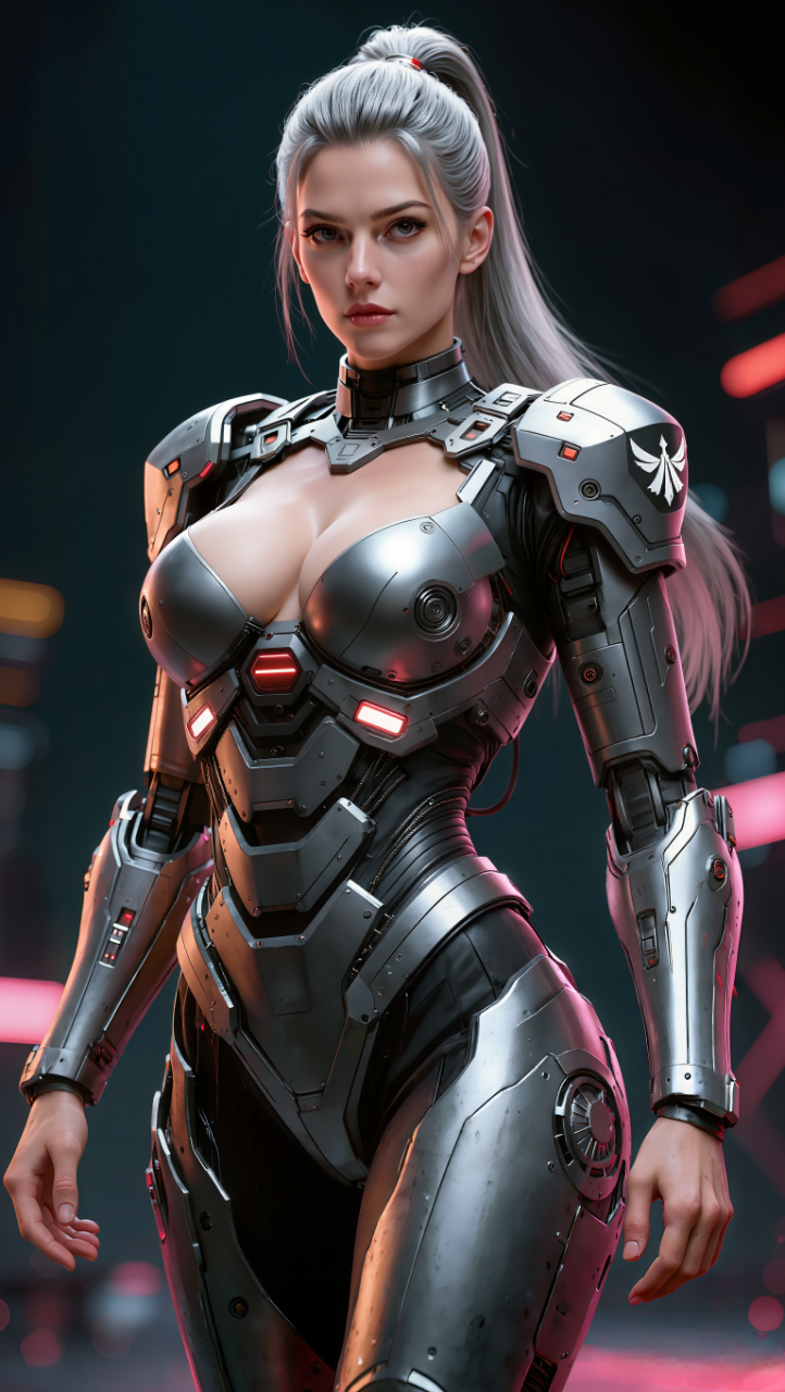 1girl, mature adult, 35yo, large bust, (album cover:1.2), light on face, slim yet curvy body, exoskeleton, metal gear, cyberpunk style, ponytail, gundam, one solo image with no mutilation or duplicate body parts, proficiency 100% professionally composition perfectly and epicly in 32k HDI Octane-render, unreal-engine, vector and cel shading Masterwork quality masterpiece with depth of field, SFE and SFW. (Break), Negatives: ugly, disfigured, lowres, bad anatomy, bad hands, extra digits, fewer digits, bad hands, missing fingers, very displeasing, (worst quality, bad quality:1.2), sketch, jpeg artifacts, signature, watermark, username, signature, simple background, bad ai-generated, bad artist, (worst quality, low quality, normal quality, lowres, low details, oversaturated, undersaturated, overexposed, underexposed, grayscale, bw, bad photo, bad photography, bad art:1.4), (watermark, signature, text font, username, error, logo, words, letters, digits, autograph, trademark, name:1.2), (blur, blurry, grainy), morbid, ugly, asymmetrical, mutated malformed, mutilated, poorly lit, bad shadow, draft, cropped, out of frame, cut off, censored, jpeg artifacts, out of focus, glitch, duplicate, (airbrushed, cartoon, anime, semi-realistic, cgi, render, blender, digital art, manga, amateur:1.3), (3D ,3D Game, 3D Game Scene, 3D Character:1.1), (bad hands, bad anatomy, bad body, bad face, bad teeth, bad arms, bad legs, deformities:1.3), ugly hand, ugly, (low quality:1.4), (worst quality:1.4), (normal quality:1.4), low resolution, ugly strokes, photo, 3d, deformed body, negativeXL_A, ugly face, low quality eyes, deformed, (((fewer finger)))