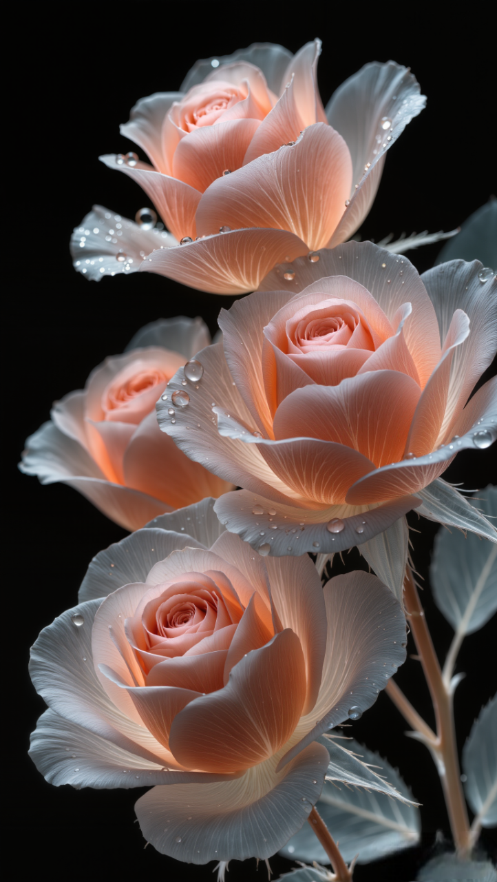 Ultra-realistic fine-art botanical X-RAY visualization,exact composition and framing matching the reference image.Three peach-colored roses against a pure black background,petals rendered semi-transparent,revealing delicate internal vein networks and layered petal membranes beneath the surface.Soft internal luminescence glowing from within the petals,inner veins subtly highlighted in warm peach-white tones,outer petal silhouette clearly preserved.Dew drops visible on the surface,light refracting gently through water and translucent petals.Stems and leaves partially transparent,showing faint internal fluid channels,deep contrast, elegant studio lighting.Macro fine-art photography aesthetic,shallow depth of field,refined, calm, luxurious mood,artistic X-RAY interpretation, not medical, not clinical.