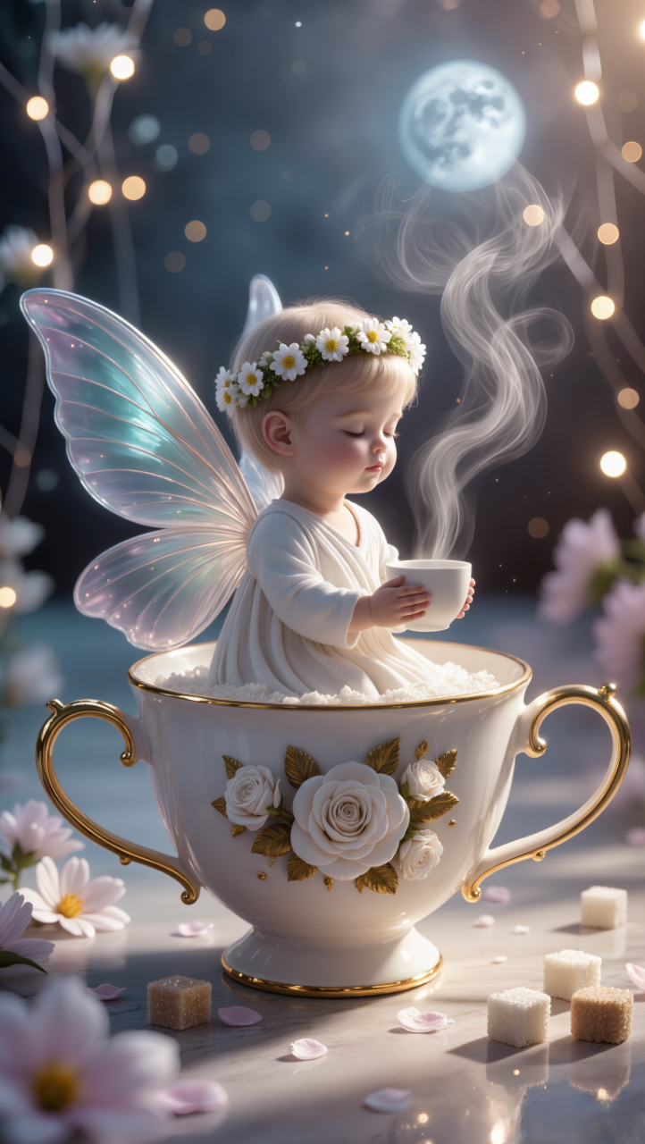 A hyper-realistic, ultra-detailed cinematic still life of a baby fairy with delicate translucent wings, sitting inside an elegant porcelain teacup adorned with white roses and golden trim, surrounded by scattered sugar cubes and blooming petals. She wears a soft white robe and flower crown, holding a steaming cup of tea. Fairy lights and bokeh in the background, moonlight softly illuminating her face, in Glamour 3D style, shallow depth of field, photoreal rendering.