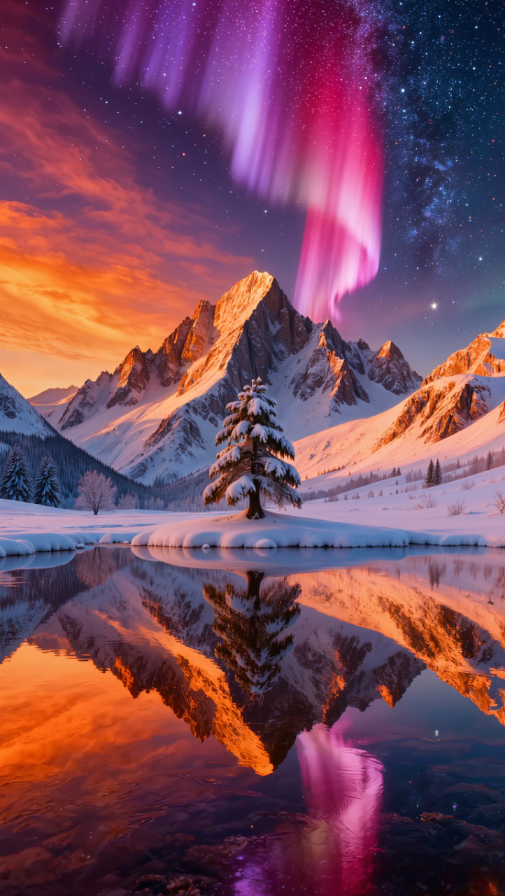 A breathtaking dramatic winter landscape, majestic lone snow-covered pine tree standing on a snowy hilltop in the center, snow-capped mountain range in the background, intense fiery orange and golden sunset glowing on the left horizon seamlessly blending into a stunning vibrant aurora borealis with vivid purple, magenta, pink and violet colors lighting up the starry night sky on the right, perfect mirror reflection of the entire colorful scene in a calm foreground pond or stream, extremely vibrant highly saturated colors, hyper vivid color palette, high contrast, epic cinematic lighting, ultra detailed, photorealistic with artistic flair, masterpiece, 8k resolution --ar 3:2 --stylize 250 --v 6