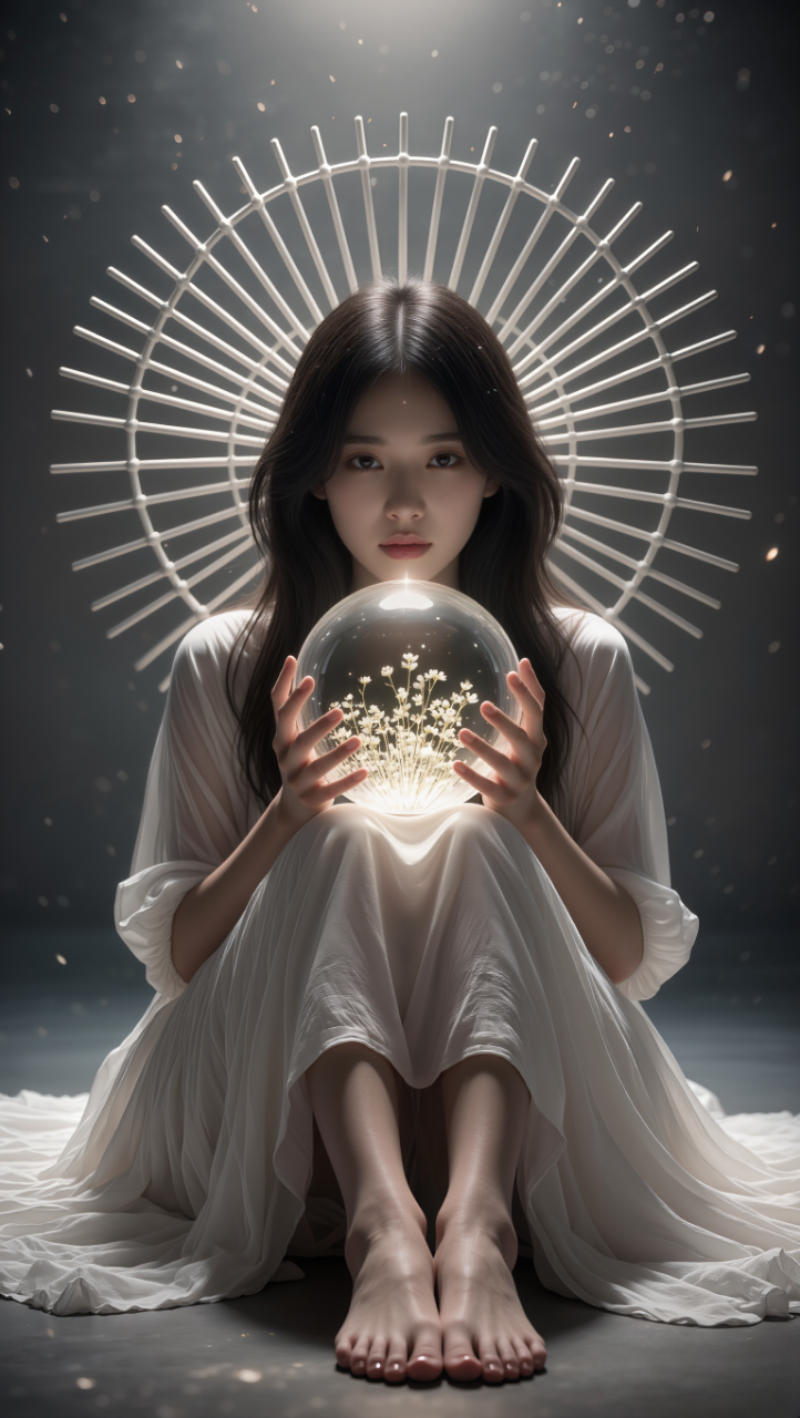 ultra realistic cinematic fine art portrait photography,vertical composition identical to original,high-angle top-down camera looking down at subject,perfect centered symmetry,young Asian woman sitting curled up tightly,knees drawn to chest,barefoot,wearing soft flowing translucent white dress,natural realistic proportions,both hands gently holding a clear crystal glass orb,inside the orb delicate small white flowers,soft internal bioluminescent glow inside orb,gentle light scattering through glass,subtle glow spill illuminating fingers and lower face,deep emotional upward gaze toward camera,clear bright eye catchlights,slight moisture gloss in eyes for intensity,soft parted lips,radial white sculptural installation behind her forming halo-like geometry,background slightly darker gradient toward edges for depth,fine shadow separation between subject and structure,soft overhead key light,delicate but defined rim light around hair and shoulders,cinematic shadow falloff,floating subtle dust particles catching light,85mm lens,shallow depth of field,natural skin texture,high dynamic range but realistic contrast,gallery-level fine art realism,8k ultra detailed