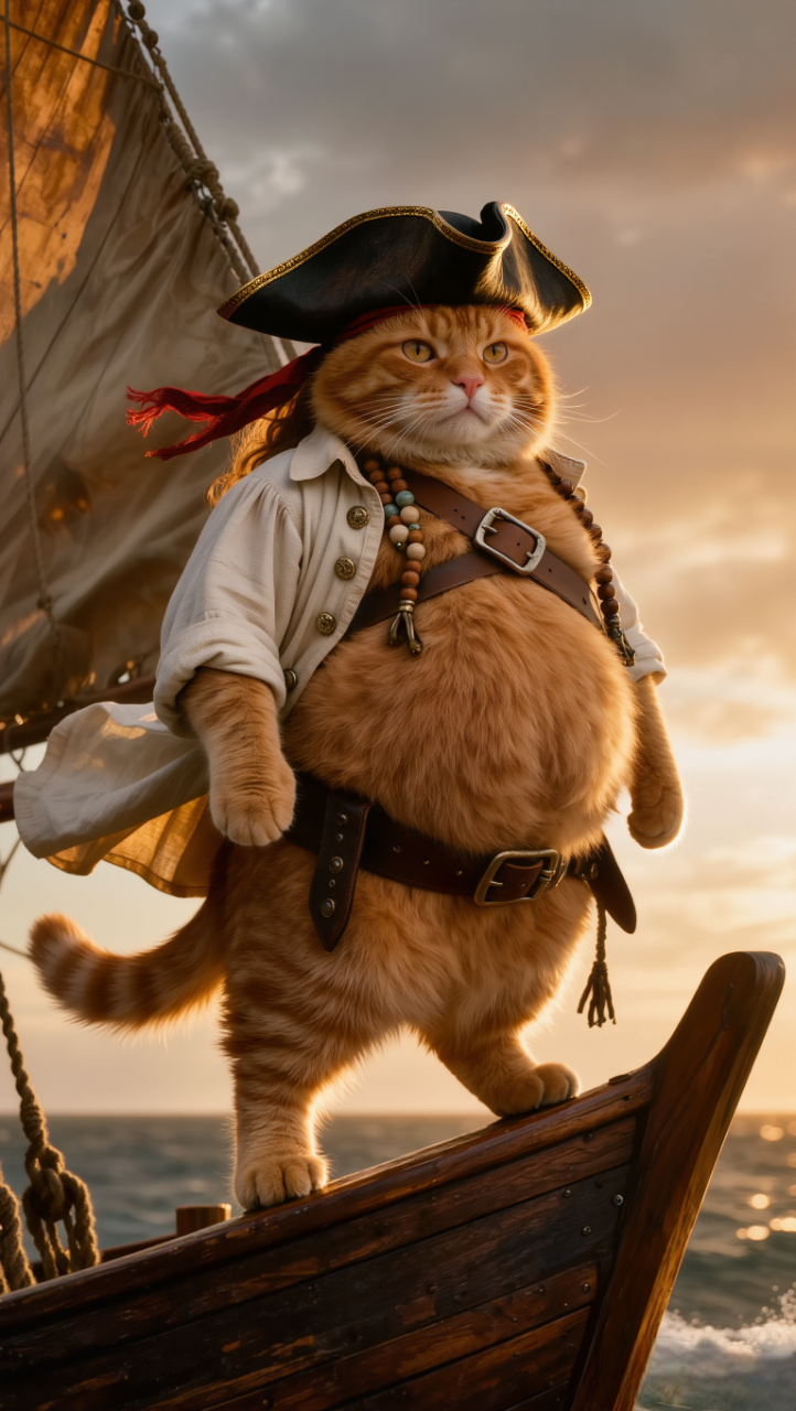 Ultra cinematic golden sunset lighting with a dramatic ocean horizon filling the background. Extremely chubby orange cat dressed as an eccentric pirate captain standing heroically at what appears to be the bow of a ship. Tricorn hat slightly tilted, loose white shirt flowing in strong sea wind, layered leather belts and small beads braided into fur. Oversized round belly visible beneath the shirt, but stance confident and commanding. Low angle camera perspective emphasizing dominance and adventure. Warm golden rim light outlining the silhouette. Waves faintly visible in the distance, shallow depth of field keeping the focus on the pirate cat. No visible bathroom elements, no interior background, no modern objects.Ultra realistic textures, cinematic high dynamic range lighting.