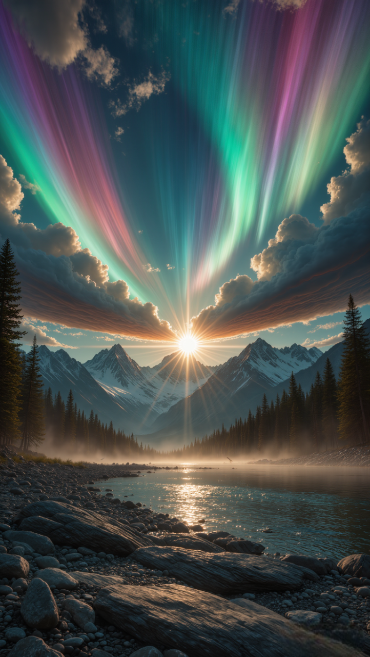 Ultra-detailed surreal cinematic landscape.A dramatic alpine mountain range at golden hour,snow-capped peaks in the distance,a calm river flowing through the valley,rocky riverbank in the foreground with natural stone textures,pine trees lining both sides of the river.Sky:A surreal, painterly sky exploding with color.Rainbow aurora-like clouds stretching outward from the horizon,radiating streaks of emerald green, fiery orange, deep magenta, violet, and cyan.Clouds appear fluid and organic, like flowing energy or liquid light.Strong radial motion in the sky, converging toward the sun.Sun:The sun positioned perfectly between mountain peaks,intense warm glow,cinematic sun flare,light scattering through mist and clouds.Atmosphere:Low-lying mist glowing with rainbow light near the horizon,volumetric light rays,soft haze adding depth and scale.Lighting:High dynamic range.Warm highlights, cool shadows.Strong color contrast without clipping.Natural light interaction with terrain and water.Color grading:Surreal cinematic color science.Vivid but balanced saturation.No neon.No artificial glow.Deep color depth.Style:Epic.Dreamlike.Fine-art surrealism.High-end cinematic matte painting.Camera:Wide-angle cinematic shot.Low foreground perspective.Deep depth of field.Sharp details from foreground rocks to distant mountains.Texture:Ultra-sharp rock textures.Detailed water ripples.Cloud micro-detail visible.No blur.No painterly smudge.