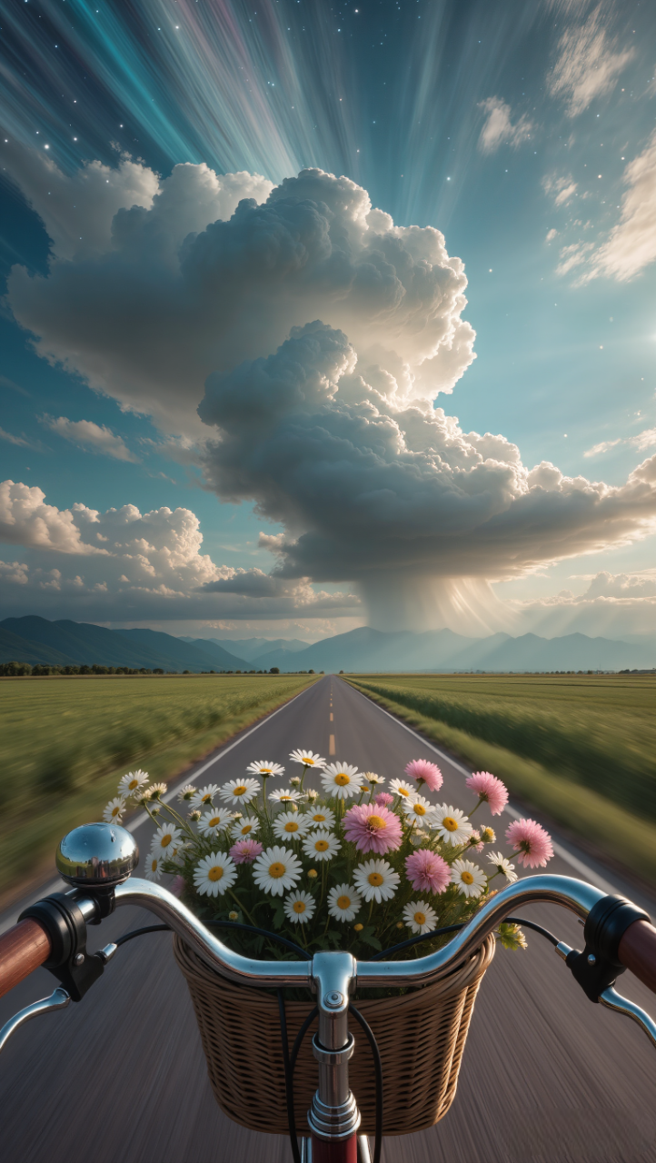 Cinematic fantasy photography, cinemag style, ultra-detailed, realistic.First-person POV riding a vintage bicycle. Chrome handlebars in the foreground, wicker basket filled with fresh wildflowers (white daisies, soft pink blossoms, natural arrangement). A straight rural road cutting through lush green fields toward distant mountains.Sky (MAIN EMPHASIS – UPGRADED): Massive cinematic sky dominating the frame. Towering fantasy clouds with dramatic scale and depth. Deep sapphire blue blending into turquoise and soft gold near the horizon. Clouds shaped by strong wind currents, dynamic and powerful. Subtle celestial glow within the clouds, ethereal but realistic. Soft god rays breaking through cloud layers, illuminating the road ahead. Sky feels grand, adventurous, and poetic.Lighting: High-end cinematic lighting. Warm sunlight grazing the fields. Soft highlights on chrome handlebars. Natural contrast, smooth tonal transitions.Motion & Depth: Strong forward motion blur on the road edges. Foreground sharp, midground flowing, background majestic. Deep depth perspective, immersive journey feeling.Color grading: Cinemag color science. Rich blues, vibrant greens, gentle warm highlights. Balanced saturation, filmic contrast. Soft cinematic grain.Mood: Epic journey. Freedom. Hopeful, adventurous fantasy realism. A road leading into a beautiful unknown.