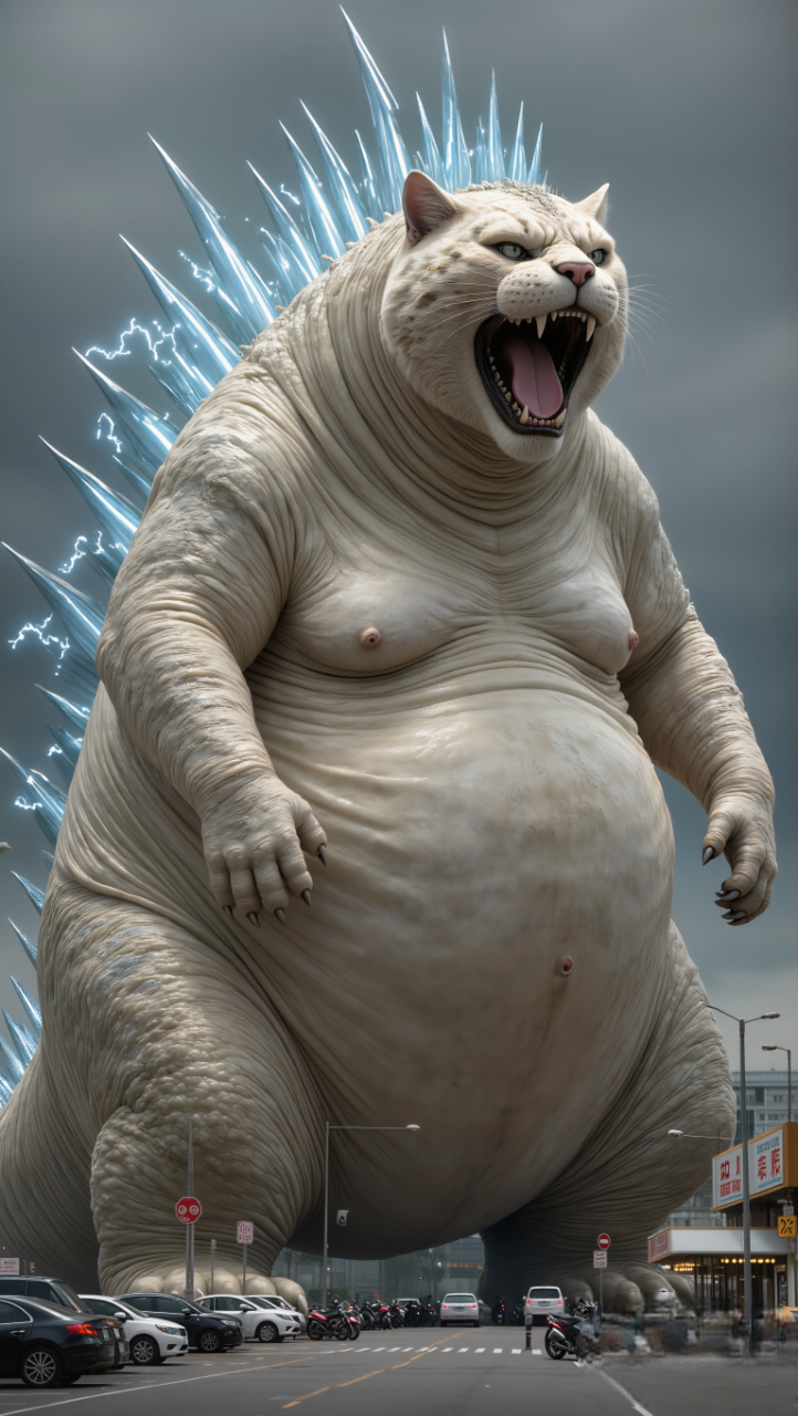 Ultra-realistic cinematic creature: a massive obese CAT kaiju,clearly and undeniably CAT-like.Huge round body, extremely fat and heavy,thick layered belly folds, soft sagging fat,short stubby arms, short legs, clumsy posture.NO muscular build, NO athletic proportions.Face is 100% CAT:round cat head, short snout, small triangular ears,wide cat mouth open roaring,visible cat teeth and tongue,angry but slightly goofy expression.Eyes feline, not reptilian.Back covered with jagged dorsal spikes glowing electric blue,but spikes are secondary to the CAT identity.Humorous background:the giant fat cat monster stands in a completely normal everyday city setting(small street, parking lot, convenience store),tiny cars, street signs, traffic lights around its feet,everything looks absurdly small compared to the cat.Comedy comes from SCALE and CONTRAST,not destruction or chaos.No flying debris, no explosion, no superhero action.Lighting:cinematic but soft,clear visibility of fat folds and cat face,blue glow from dorsal spikes as rim light.Camera:low-angle full-body shot,monster standing still, dominant, awkwardly cute.Style:hyper-realistic CGI,dark fantasy meets deadpan humor,fat kaiju cat,movie-quality but intentionally absurd.No text, no logos.