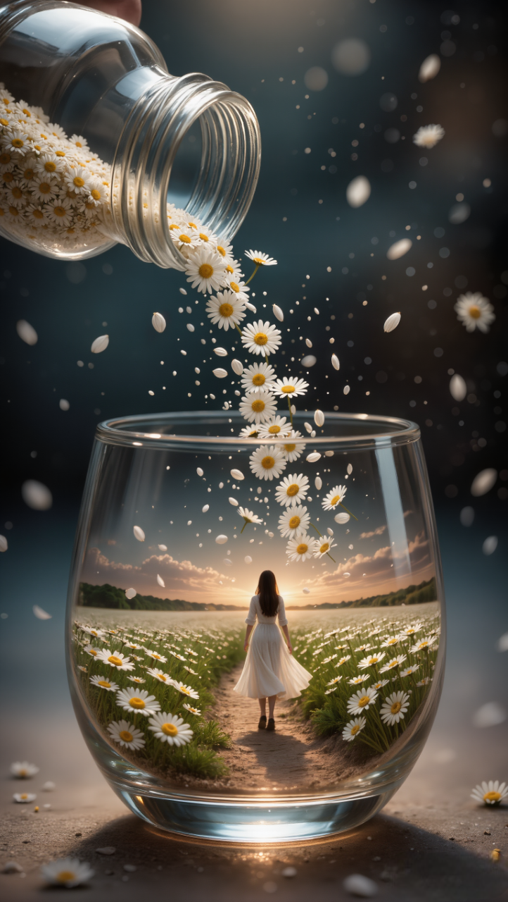 Ultra-detailed surreal cinematic macro photographA clear glass tumbler placed on a neutral surface. Inside the glass exists a miniature dreamlike world: a young woman in a flowing white dress, seen from behind, walking barefoot along a narrow path through a field of blooming white daisies toward a golden sunset horizon.From above, a transparent glass jar is tilted, gently pouring dozens of small white daisies with bright yellow centers into the glass. The flowers appear to cascade like liquid, frozen mid-air, blending seamlessly into the miniature world inside the tumbler.Tiny floating particles and petals are suspended in the air, enhancing the magical, poetic atmosphere.Concept & SymbolismFlowers behaving like a poured substanceA world contained within glassTransition between reality and memoryInnocence, nostalgia, and quiet hopeLightingWarm cinematic sunset glow inside the glassSoft diffused studio lighting outsideSubtle rim light outlining the glass edgesGentle highlights on floating petalsBackgroundDark, softly blurred bokeh backgroundHigh contrast between subject and backdropDreamy, ethereal depthCameraMacro lensShallow depth of fieldFocus stacked on glass, flowers, and inner sceneVertical compositionStyleSurreal realismCinematic diorama photographyFine-art conceptual imageryPoetic, emotional toneExtremely high detail and clarityNegative Promptno cartoon no illustration no flat painting no CGI plastic look no harsh shadows no text no watermark no logo