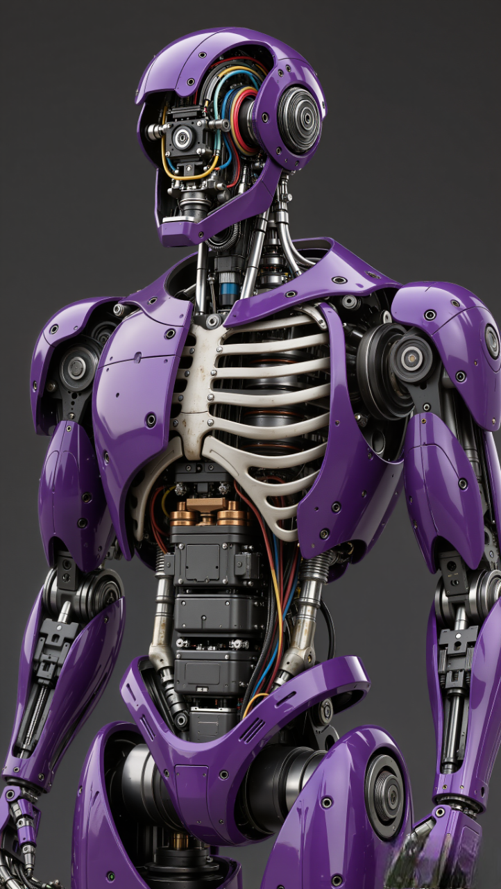 Ultra-realistic engineering cutaway visualization of a fully mechanical humanoid combat robot.The robot is shown in a partial cutaway view, outer armor panels removed cleanly to reveal internal systems. Visible inner frame, hydraulic pistons, servo motors, gear assemblies, power conduits, and structural supports inside torso, arms, and legs.Design is pure mechanical, no human anatomy, no organic parts. Hard-surface industrial engineering realism.Color scheme: Outer armor (remaining): deep purple Internal structure: metallic silver, steel gray, titanium, subtle oil stains and wear.Head cutaway reveals sensor array, wiring harness, actuator mounts. Torso cutaway shows central power core, energy routing, layered mechanical ribs. Limbs show joint pistons, rotational bearings, shock absorbers.Studio engineering background, neutral dark gray. Technical lighting: even, shadow-controlled, optimized for visibility and clarity.High precision, CAD-inspired realism, museum-grade engineering visualization. Photorealistic, no anime, no illustration, no fantasy glow. No text, no labels, no logo, no watermark.