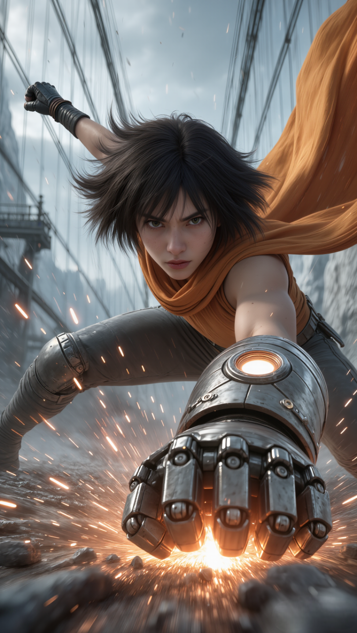 Extreme low-angle shot, wide lens perspective. Massive mechanical fist dominates the foreground, filling the lower frame, extremely close to camera. The young female fighter lunges forward mid-strike, body stretched diagonally through the frame. Head slightly lowered, intense eyes locked forward, short dark hair swept by motion.Flowing orange cloak trails behind her, fabric pulled sharply by forward momentum. Right arm is a heavy mechanical gauntlet with layered metal plates, pistons, and exposed energy core. The fist is in full extension, about to impact the ground, sparks bursting outward.Lighting & Energy (match reference): Bright white-orange energy glow from inside the gauntlet core. Real sparks, metal fragments, and impact light scattering across the ground. No stylized light trails, only physically caused motion blur and emission.Background: frozen mountain pass with cables and structures, slightly motion-blurred. Strong sense of speed and force, frozen impact moment.Photorealistic textures, realistic anatomy, real-world physics. No anime style. No illustration look. No redesign. No text, no logo, no watermark.