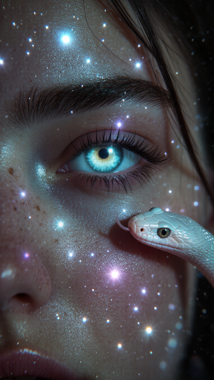 Ultra-realistic cinematic gothic portrait with true luminous glow. Extreme close-up of a realistic young woman’s face, one eye sharply focused and emitting soft inner light. Natural human skin texture with subtle pores, realistic light interaction.Her skin, eyelashes, and hair strands are subtly self-illuminated, glowing from within rather than reflecting external light. Fine luminous particles embedded in the skin emit gentle light. A pale iridescent snake rests near her face; its scales glow softly, light traveling along each scale edge with realistic falloff.Lighting & Glow: True emission glow, not blur. Light radiates outward with natural attenuation, creating halo edges and secondary light bounce on nearby skin and scales. Colors are vivid and radiant—icy blue, cyan, violet, pearlescent white—bright but physically believable.Dark background absorbs light, enhancing contrast. Cinematic lens behavior, shallow depth of field, subtle film grain. Gothic, mystical, intimate atmosphere grounded in photorealism.No anime style. No illustration look. No text, no logo, no watermark.