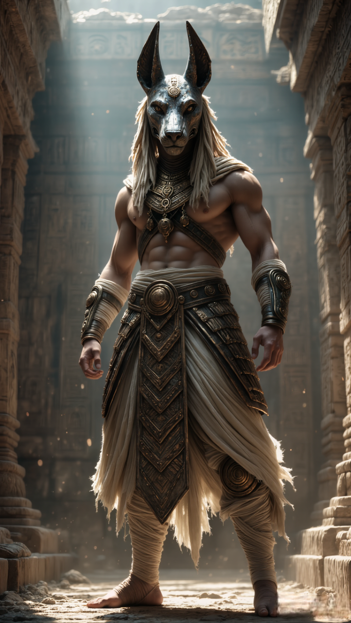 Ultra-realistic full-body cinematic portrait of a human warrior inspired by an ancient jackal-headed guardian deity, rendered as a real human wearing a ceremonial mask. The jackal mask is crafted from dark metal and aged stone, with realistic wear, patina, and engraved details. Long cloth ribbons and ornaments trail naturally from the mask.The body is fully human, wrapped in layered linen bandages and ceremonial armor pieces made of bronze and darkened gold. Fabrics show realistic folds, fraying, and weight; metal elements display scratches and oxidation. The silhouette is powerful and athletic.Pose: full-body standing posture, one leg forward, torso slightly twisted, shoulders squared. Hands relaxed but ready, conveying authority and vigilance.Environment: ancient stone temple interior carved with hieroglyphs and reliefs. Dust motes float in the air. Broken walls and towering columns frame the scene.Lighting: cinematic low-light with strong directional sunlight pouring through a high opening, creating dramatic god rays. Warm golden highlights contrast with cool shadowed stone. Deep shadows sculpt the figure, emphasizing texture and form.Camera: full-body shot, slightly low-angle perspective, cinematic lens compression (35–50mm look), shallow depth of field.Style: true photorealism, epic historical-fantasy realism, film still aesthetic, natural color grading. No anime, no illustration, no painterly rendering, no 3D look.