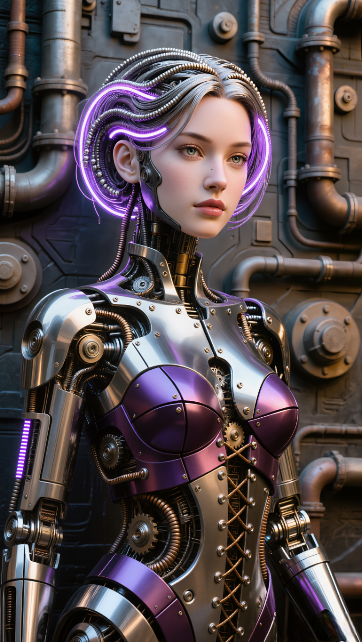 A macro photograph of an ultra-detailed cyber-metallic sculpture. The woman's form, dress, and gloves are constructed from polished chrome, brushed steel, and dark copper gears, wires, plates, and micro-beads. Purple LED light strips and fiber optics are integrated into the metallic purple dress and her short, wire-sculpted hair. The background is a dense metallic relief of circuits, pipes, and machinery, all rendered in various metals. Every surface has metallic sheen, scratches, and industrial texture.