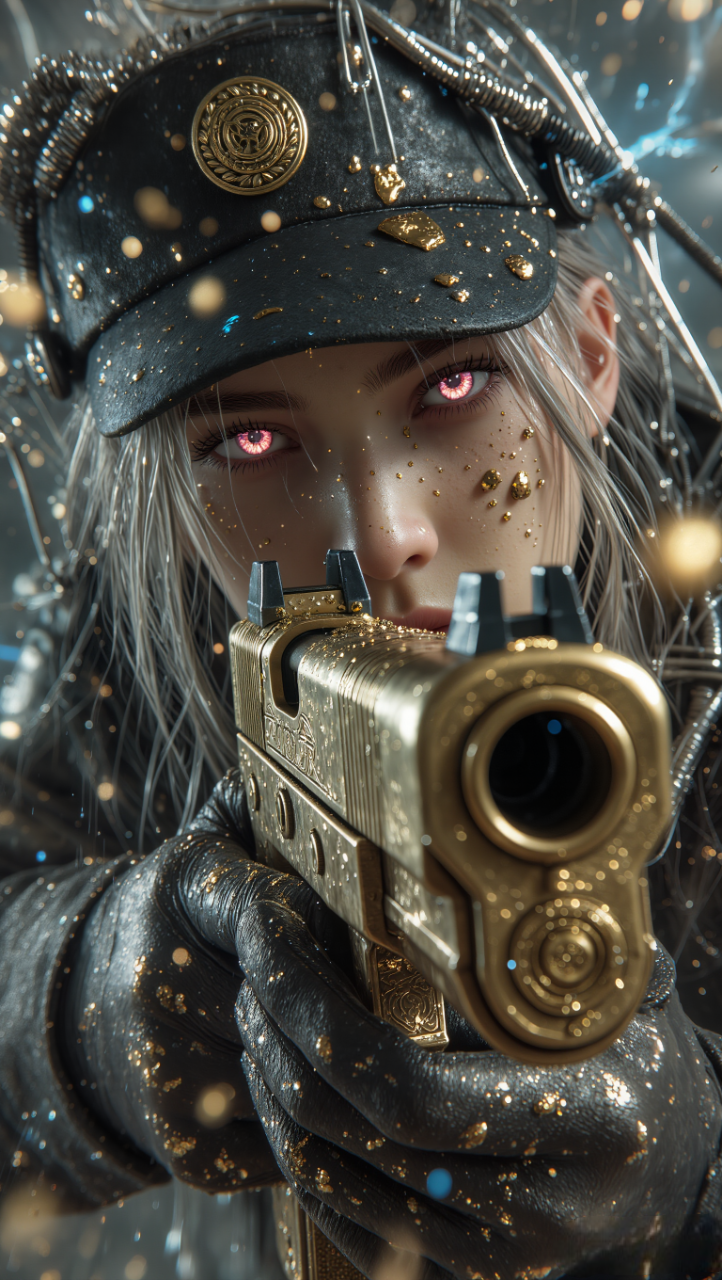 Ultra-detailed cyber-metallic close-up portrait of a female soldier aiming an antique full-gold engraved pistol directly at the camera. The pistol is entirely gold, engraved with intricate baroque patterns, heavy and reflective, with the wide muzzle dominating the extreme forced-perspective foreground.She wears a black tactical military cap with a round gold emblem on the front. Wet silver-blonde hair spills wildly from under the cap, mixing with chaotic metallic cables and wires around her head. Her eyes are natural but intense, glowing softly pink without emitting light beams or outward flares. No light rays or lasers coming from the eyes.Her face and gloves are splattered with liquid gold droplets, metallic fragments, and wet reflective textures. Lighting: dark, moody, gritty. Strong cold-blue rim light on the edges, warm golden micro-reflections from the gold pistol and droplets. High-contrast metallic specular highlights. No eye-beam light effects.Background filled densely with tangled cyber wires, reflective tubes, sparks, debris, and scattered golden bokeh orbs. Atmosphere: chaotic, wet, cinematic, cyber-war aesthetic. Style identical to the original reference: hyper-chaotic, metallic, aggressive macro shot with ultra-rendered detail.Keep the gold engraved antique pistol clearly dominant in the foreground, maintain the same framing and intensity, but remove all eye light emission effects.