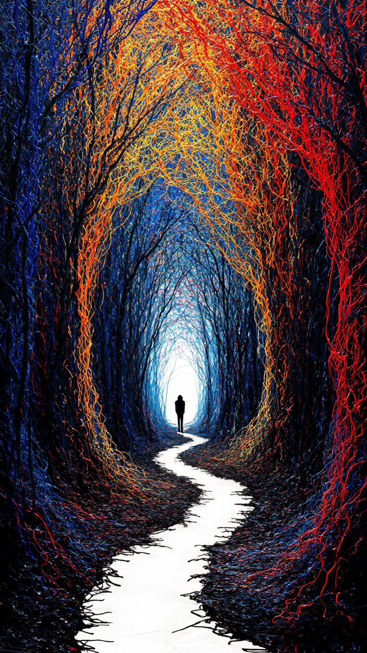 A mesmerizing abstract landscape illustration created in a chaotic "scribble art" or "neurographic" style. A winding path leads deep into a dense, tunnel-like forest formed by thousands of frantic, tangled, and intersecting lines. A small, solitary black silhouette figure stands on the path in the distance. The lines are a vibrant mix of black, deep blue, bright red, orange, and yellow, creating a textured, web-like mesh against a plain white background. The artwork conveys a sense of complexity, nervous energy, and depth through the layering of colored scribbles. High contrast, detailed line work.