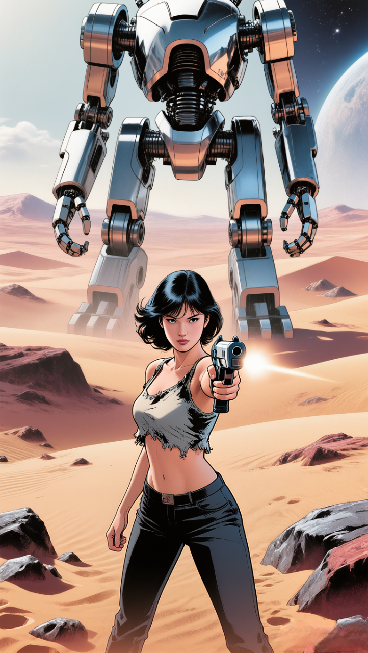 Marvel comic art, comic art, top down view illustration of a gorgeous platinum black hair Japanese in tattered shredded top, rounded top, shooting a Lazer pistol standing on a sandy rocky planet, giant chrome robot monster in background, John Buscema style, hyper realistic, 8k, shot no flash --ar 4:5 --stylize 300 --v 6.1