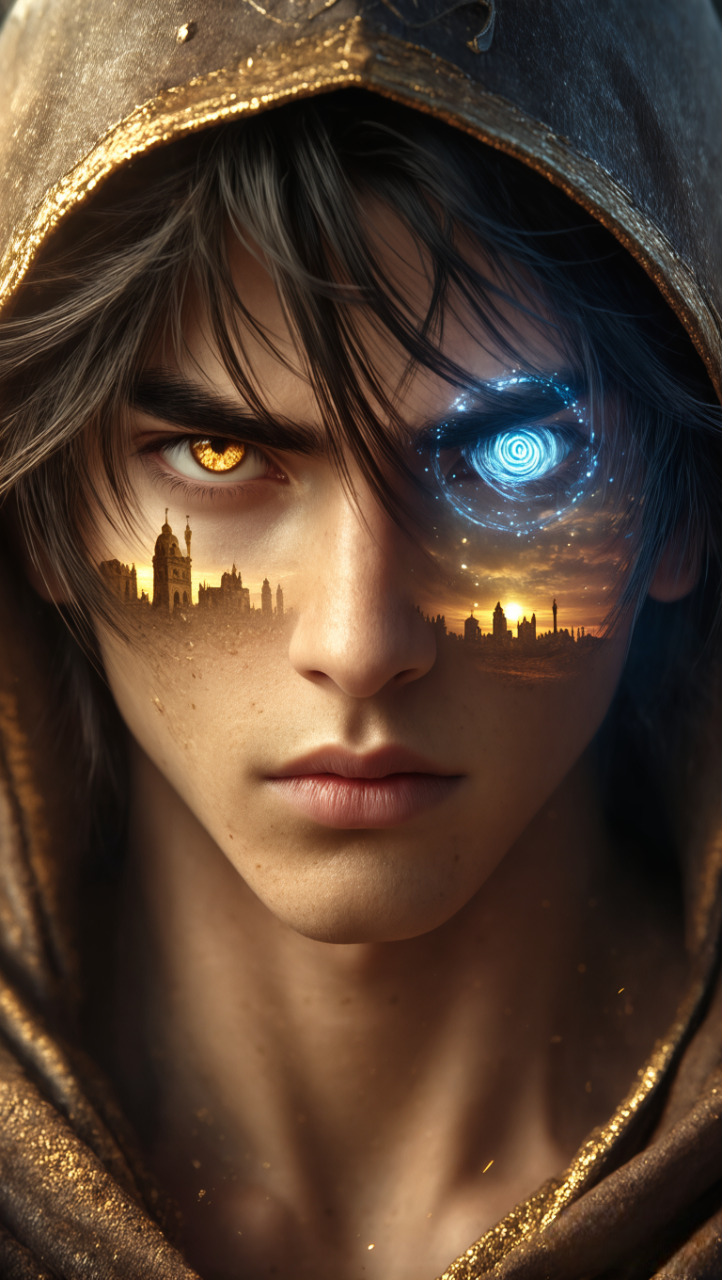 half-body of a young warrior prince inspired by Prince of Persia, with sharp, defined jawline, intense gaze, tousled dark hair partially covering his forehead. His almond-shaped hazel eyes glisten with reflections of a magical ancient city, glowing softly with arcane runes and golden light. In one eye, the reflection shows floating towers and domes under a starlit sky; in the other, a swirl of bluish energy radiating like a sigil. His skin is sun-kissed, slightly dusted with sand. He wears a battle-worn, gold-accented leather hood partially shadowing his face. Cinematic painterly style, golden rim lighting highlights his cheekbone and lashes, wind gently moving a few strands of hair. Mood: mystical, tense, heroic. 4K, ultra-detailed, warm-cool contrast, fantasy realism.